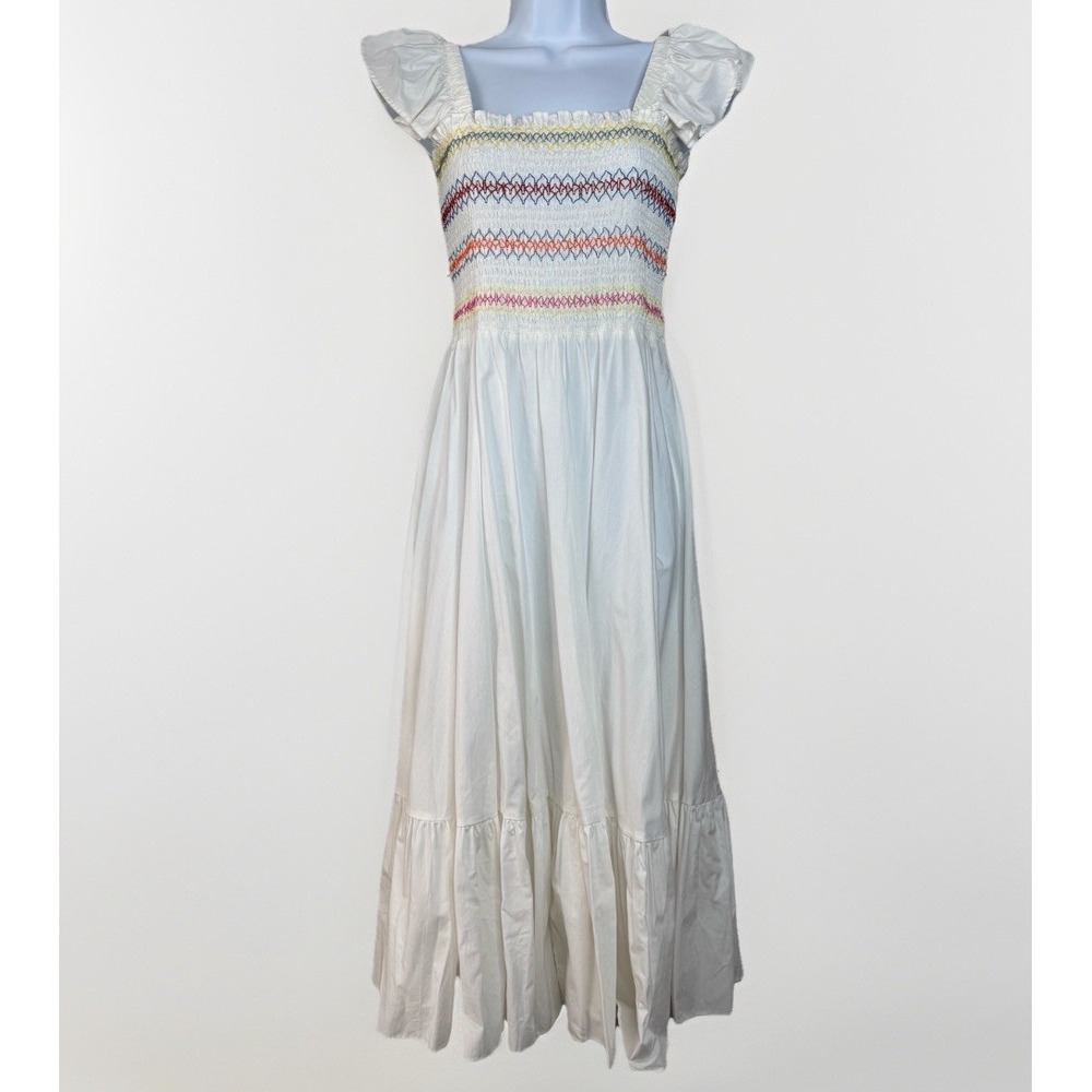 White Smocked Milkmaid Dress Sz‎ S Cottagecore Puff Sleeve Rainbow Stitch Maxi